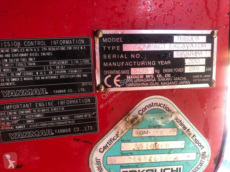 Mini escavatore Takeuchi TB 153 FR usato 2013 - 3000 heures - Ref. 158301384 - Photo 13